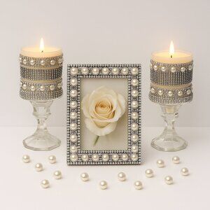 Handmade Glam Silver & Pearl Decor Set – Picture Frame with Matching Candle Hold